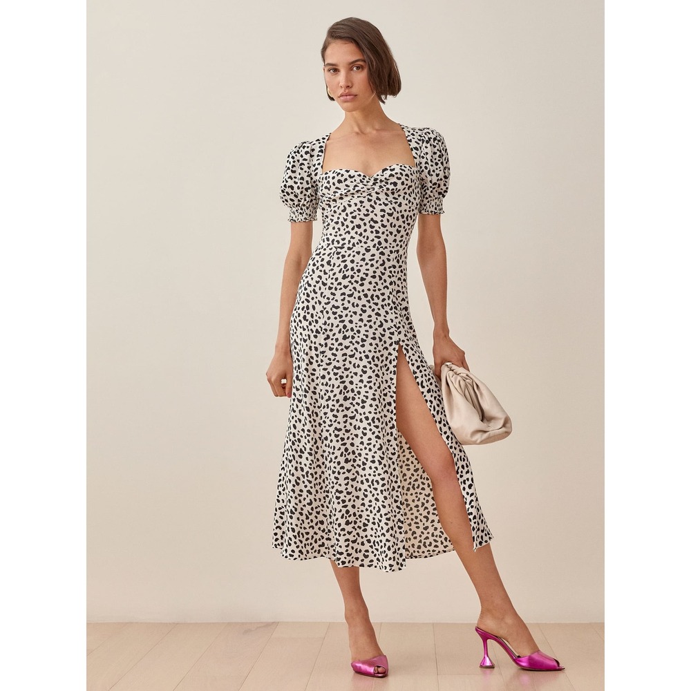Reformation‎ Dalmatian Printed Slit Midi Dress Size 0 Feminine Chic Lightweight